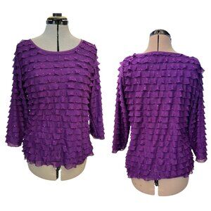 Notations Purple Ruffled Sequined 3/4 Sleeve Top Size PL